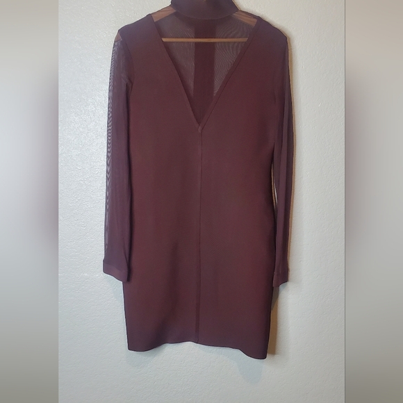 💚5/$25 Burgundy Mesh Long Sleeve Bodycon Stretch Bandage Dress Size Large - Picture 7 of 7